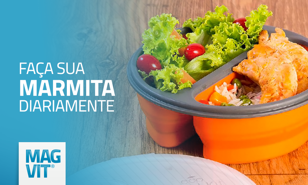Marmita colorida com uma alimentação balanceada.
