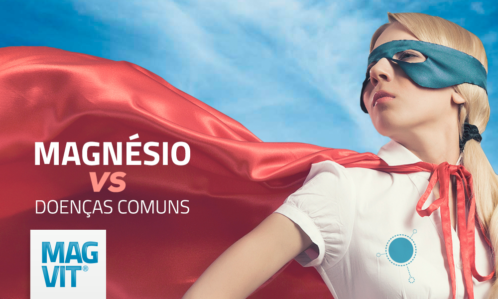 Magnésio é um verdadeiro herói para a saúde. Mulher com fantasia de superheroi.